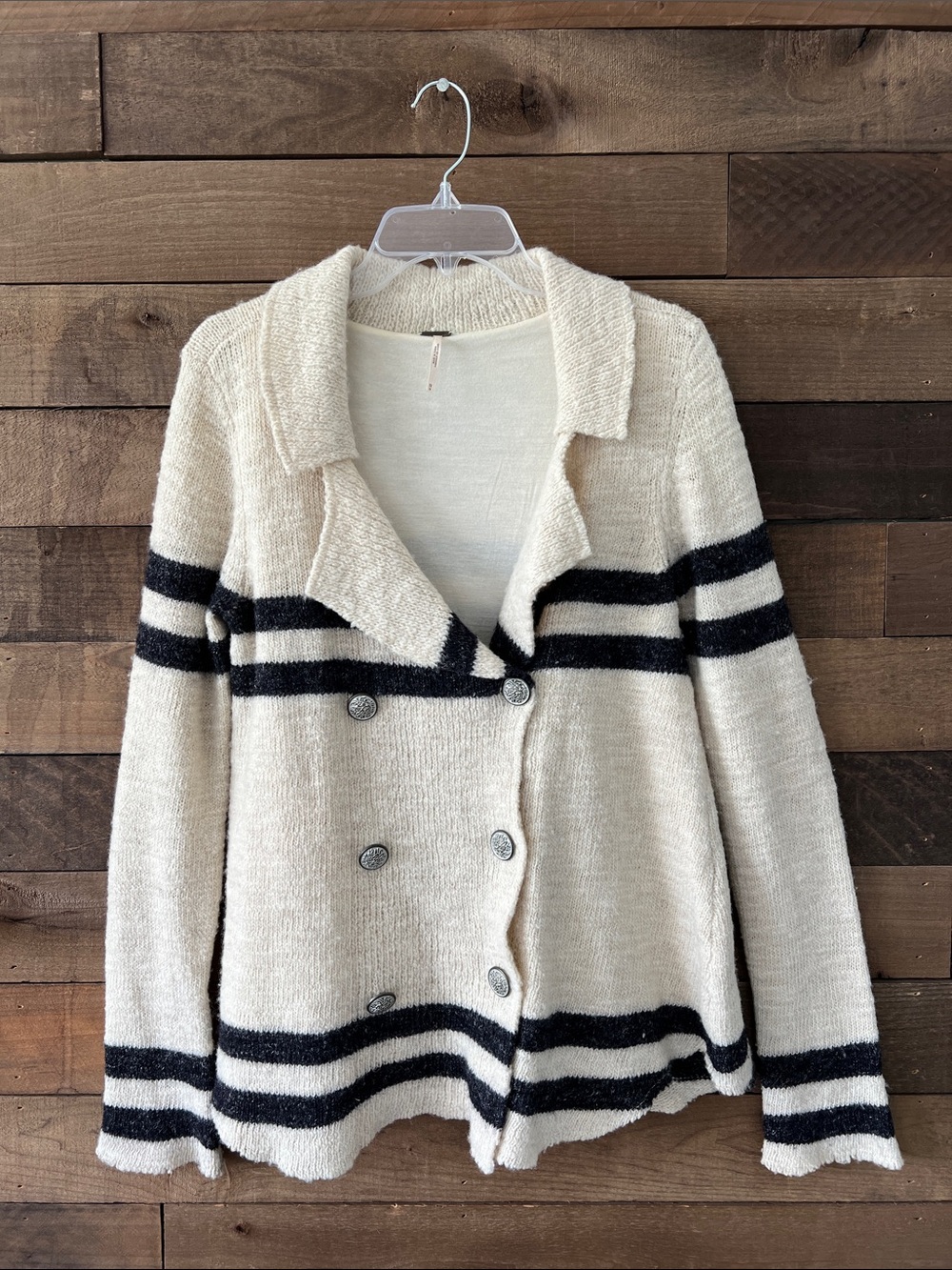 Free People Women's Wool Linen Striped Cardigan Sweater Cream Black Size XS